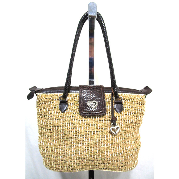 Brighton Penelope Med. Sz. Heart Straw, Leather Shoulder Tote Handbag - Picture 1 of 10